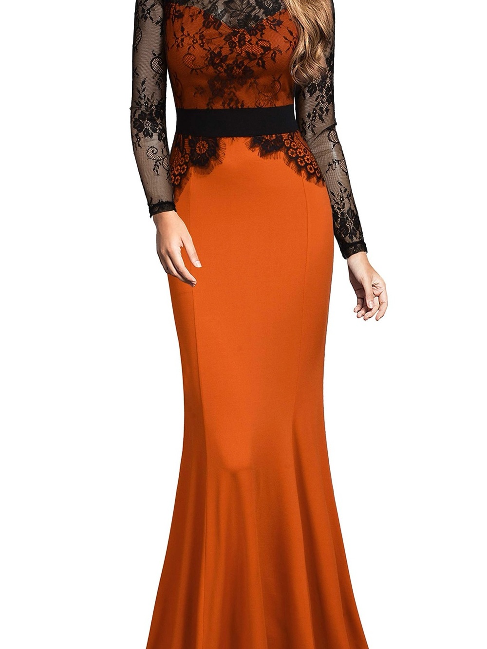 Mmondschein Elegant Black Lace-Trim Orange Formal Evening Dress